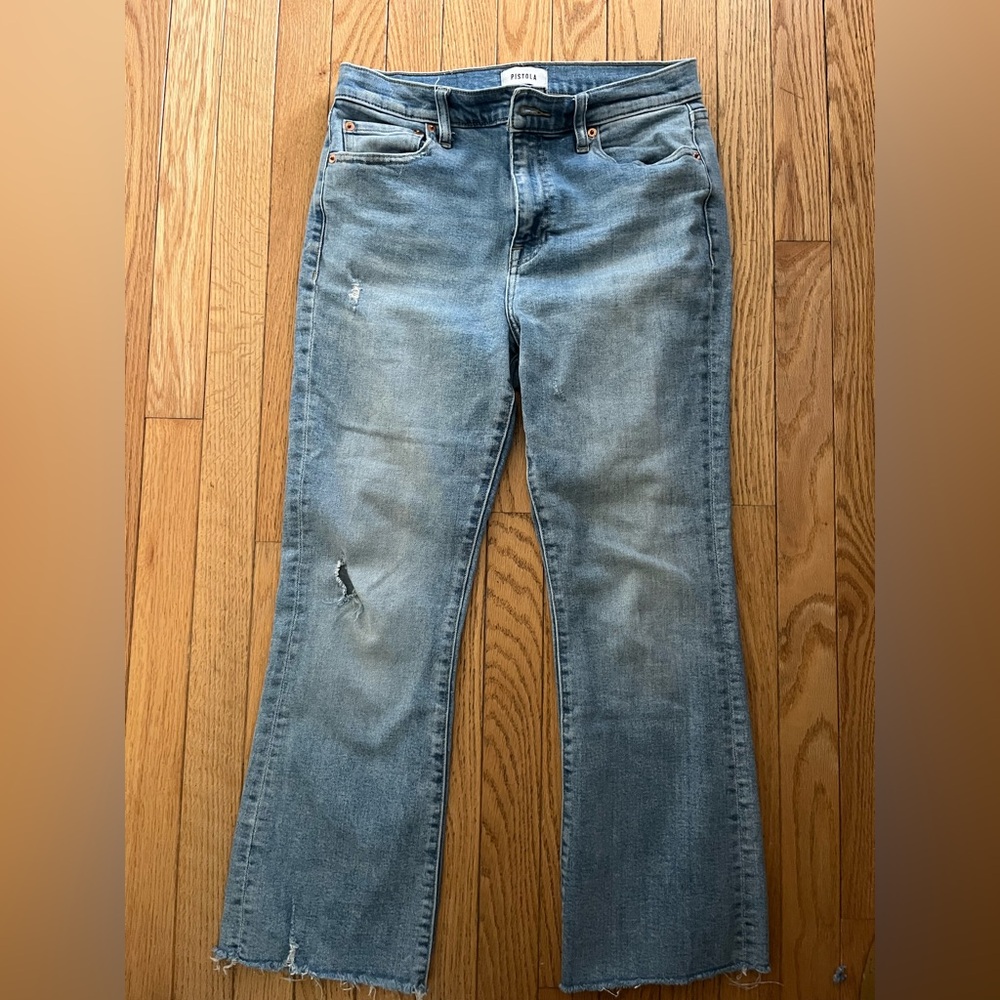 Page Pistola High Rise Flare Jeans 29 Light Wash Distressed Raw Hem Stretch Y2K